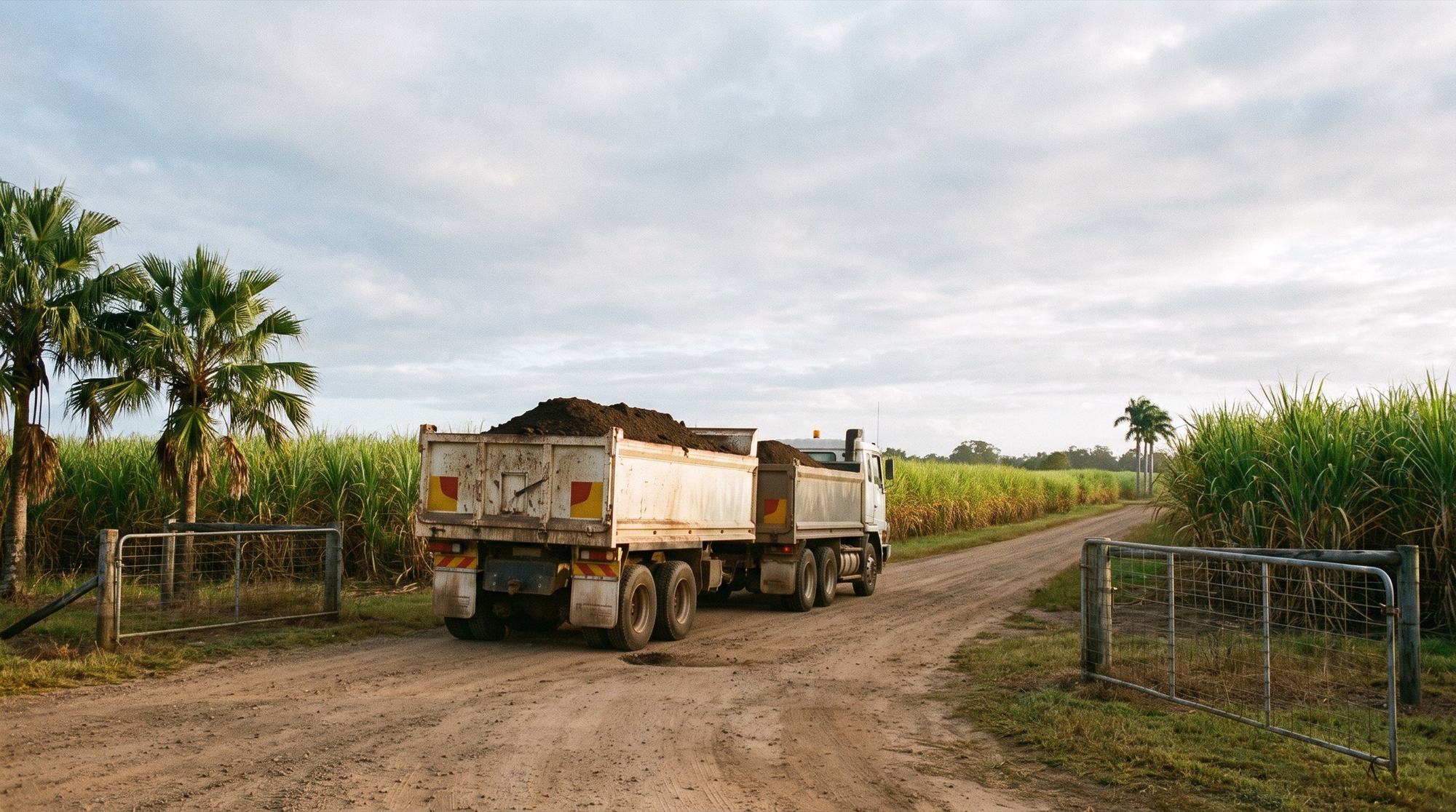 A loaded tipper truck pulling out of a yard gate onto a country road beside cane paddocks