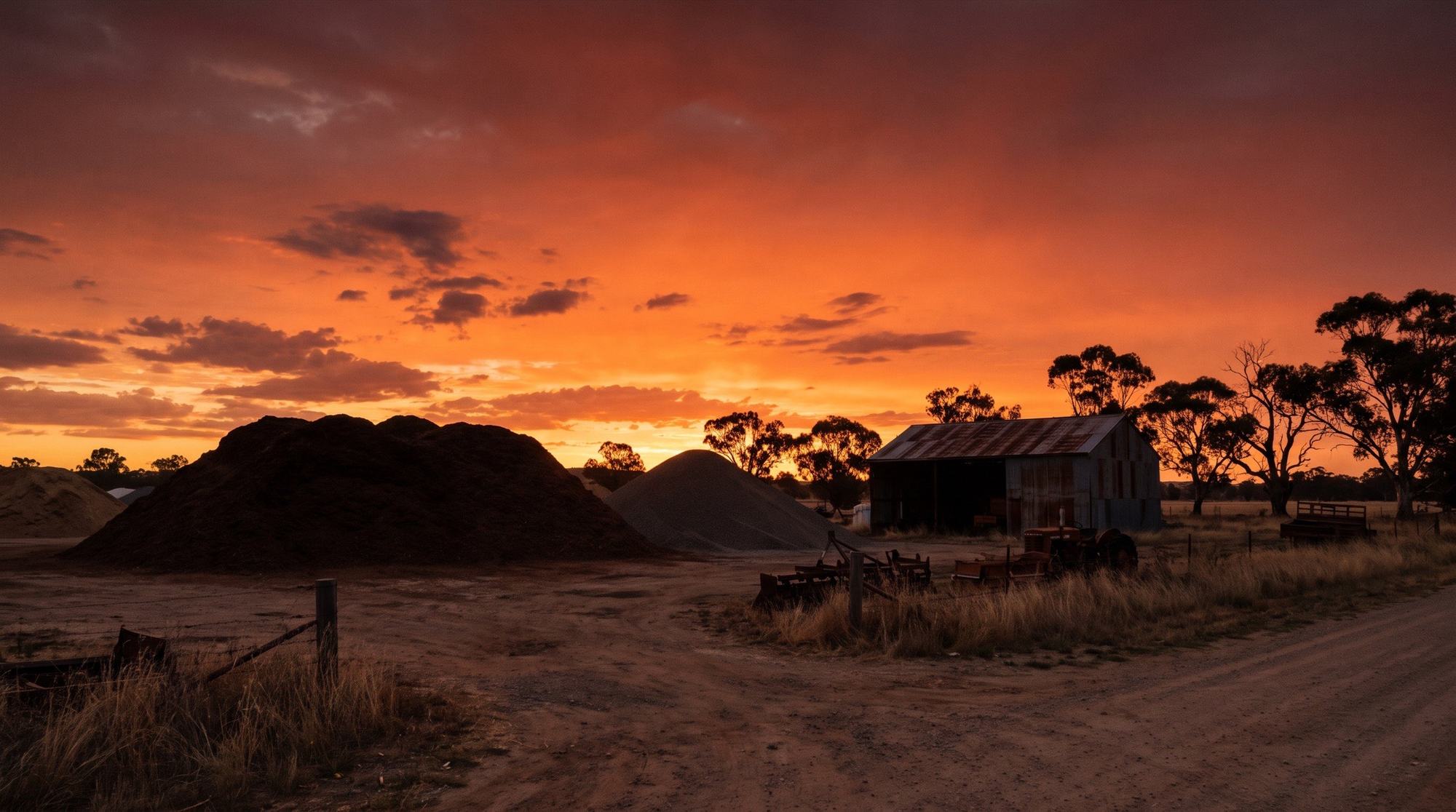 Stockpiles of soil and gravel in a rural supply yard under an orange evening sky