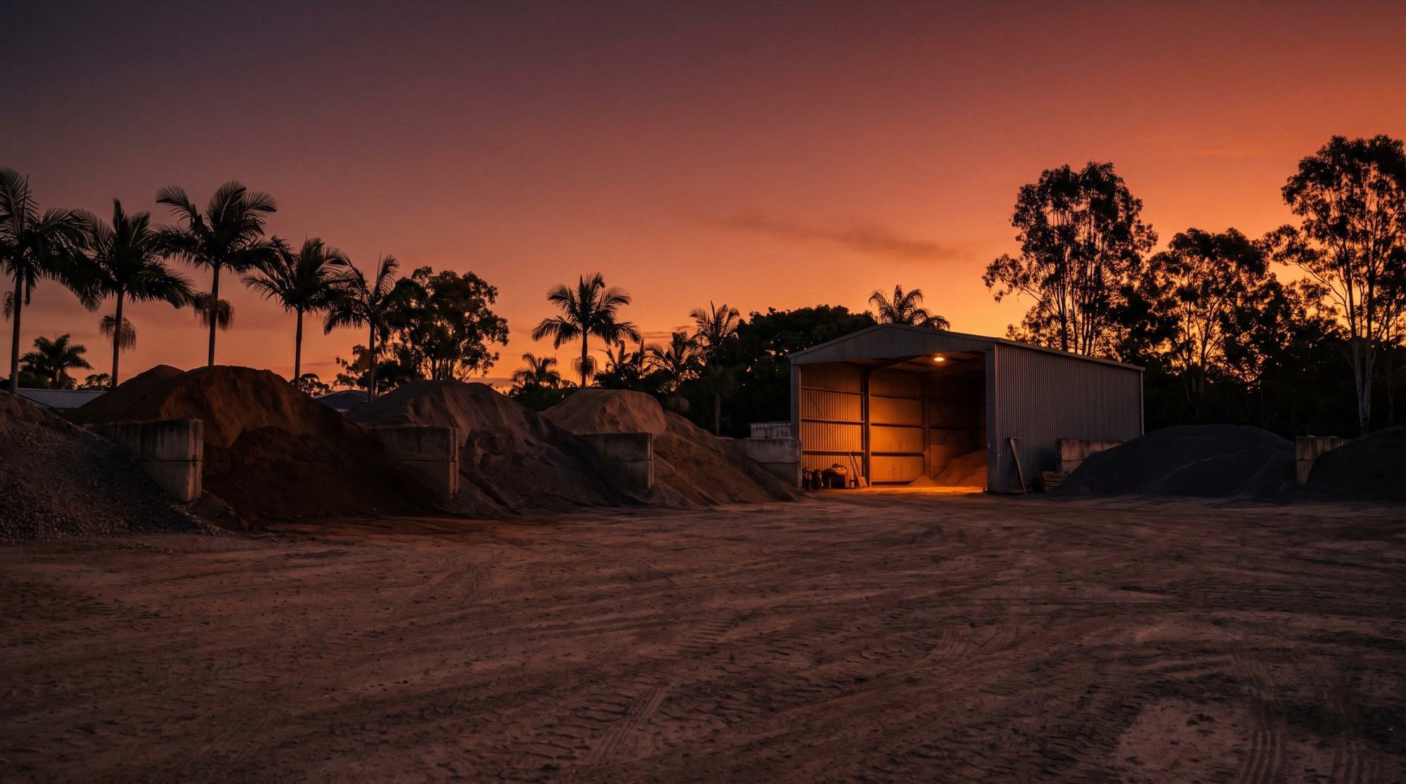 A soil and gravel yard at dusk, stockpiles silhouetted against a warm sky