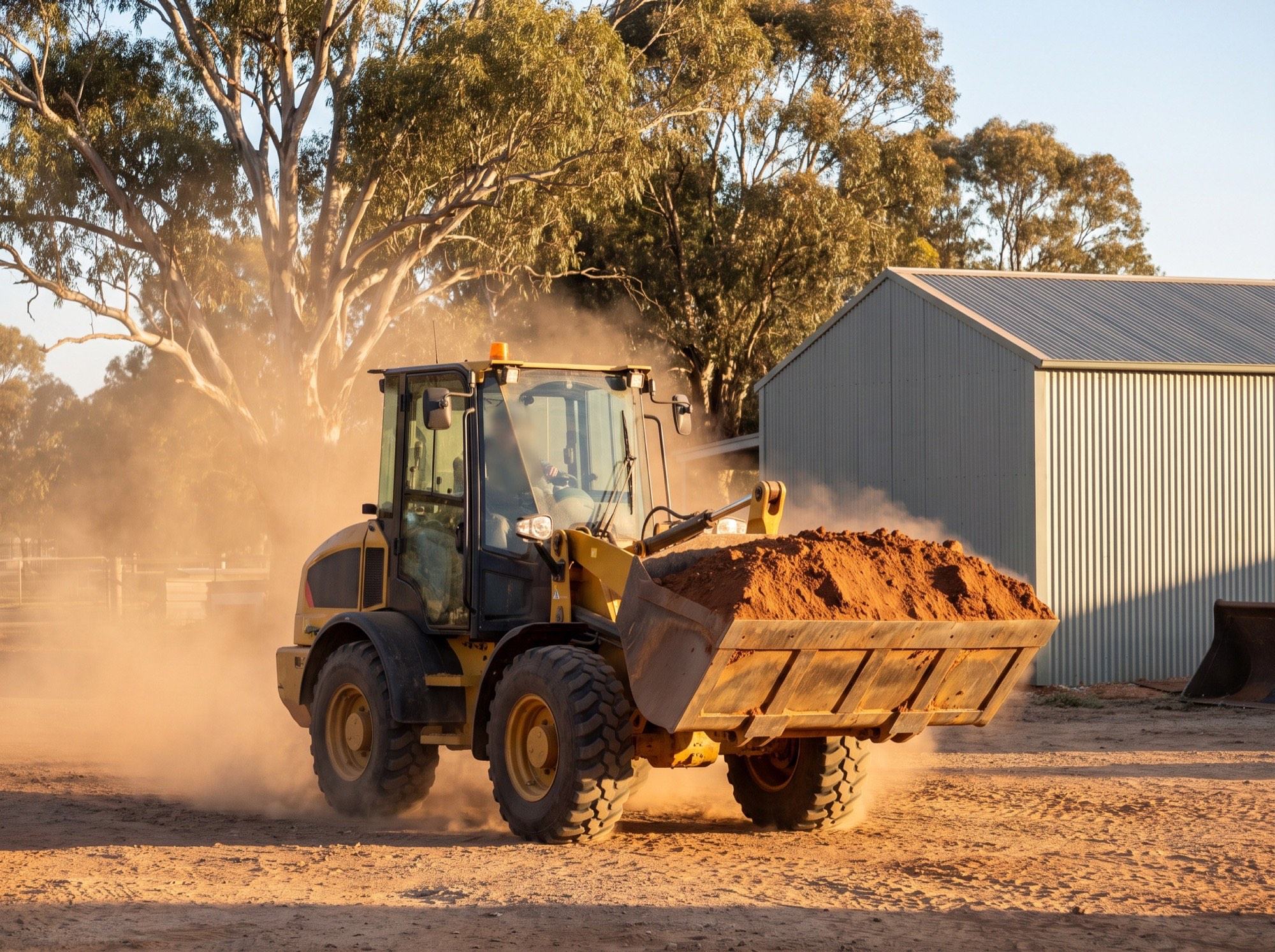 A wheel loader carrying a bucket of red soil across a dusty yard beside a shed