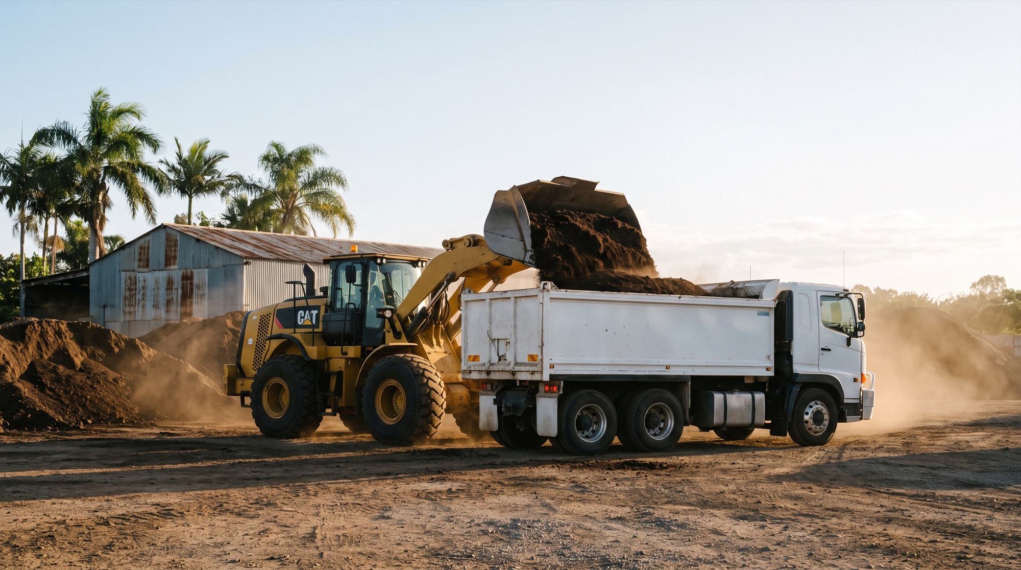 A wheel loader tipping a bucket of dark soil into a tipper truck at a supply yard