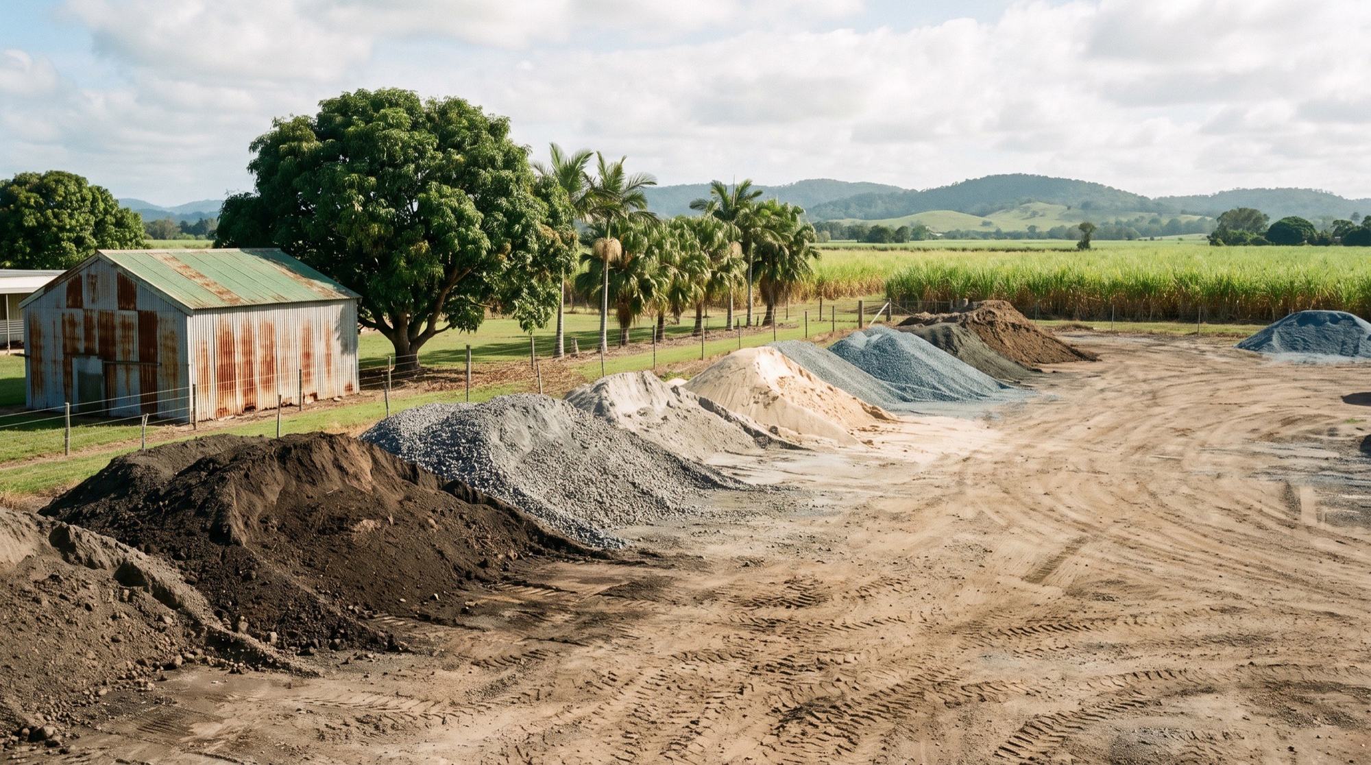 Rows of soil, sand and gravel stockpiles at a rural Queensland supply yard with a shed and cane paddocks behind