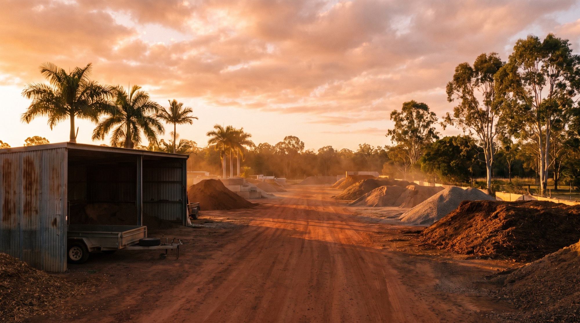 A dirt driveway leading into a soil and gravel yard at golden hour with palms along the fence