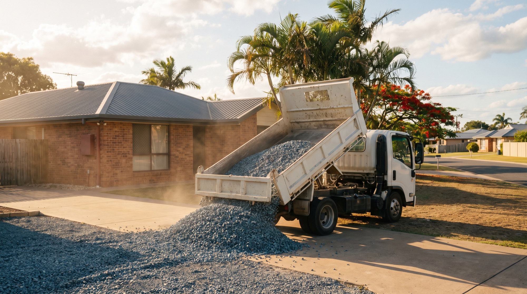 A tipper truck unloading grey gravel onto a driveway at a Queensland home with a poinciana in the yard