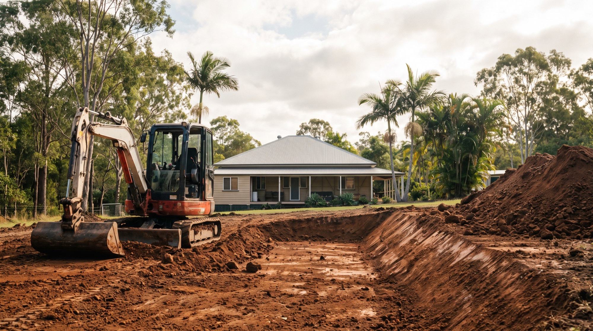 An excavator cutting a level pad into red-brown earth on an acreage block in Queensland