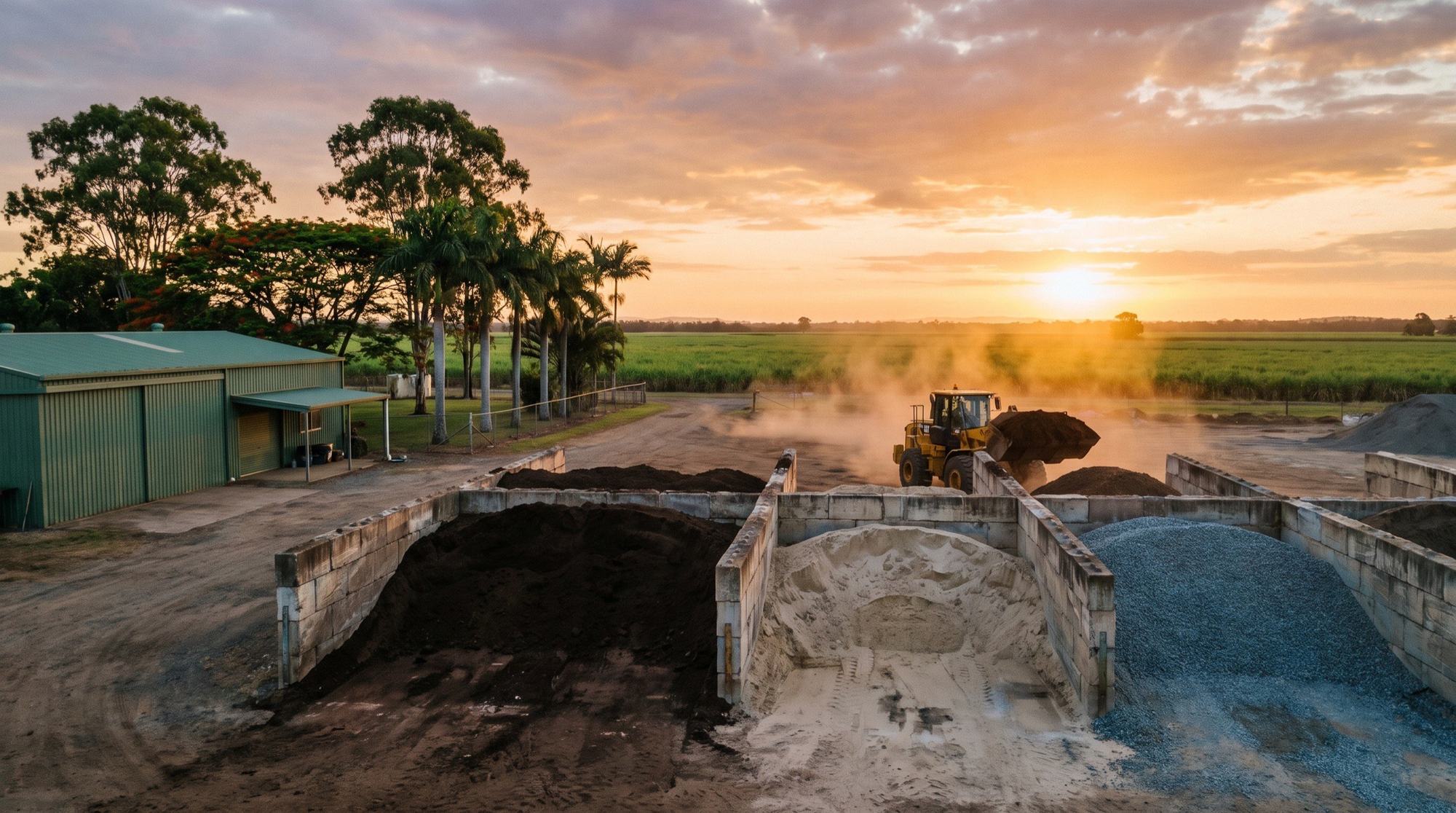 Bays of dark soil, sand and gravel in a Queensland supply yard, with a loader working at the far end
