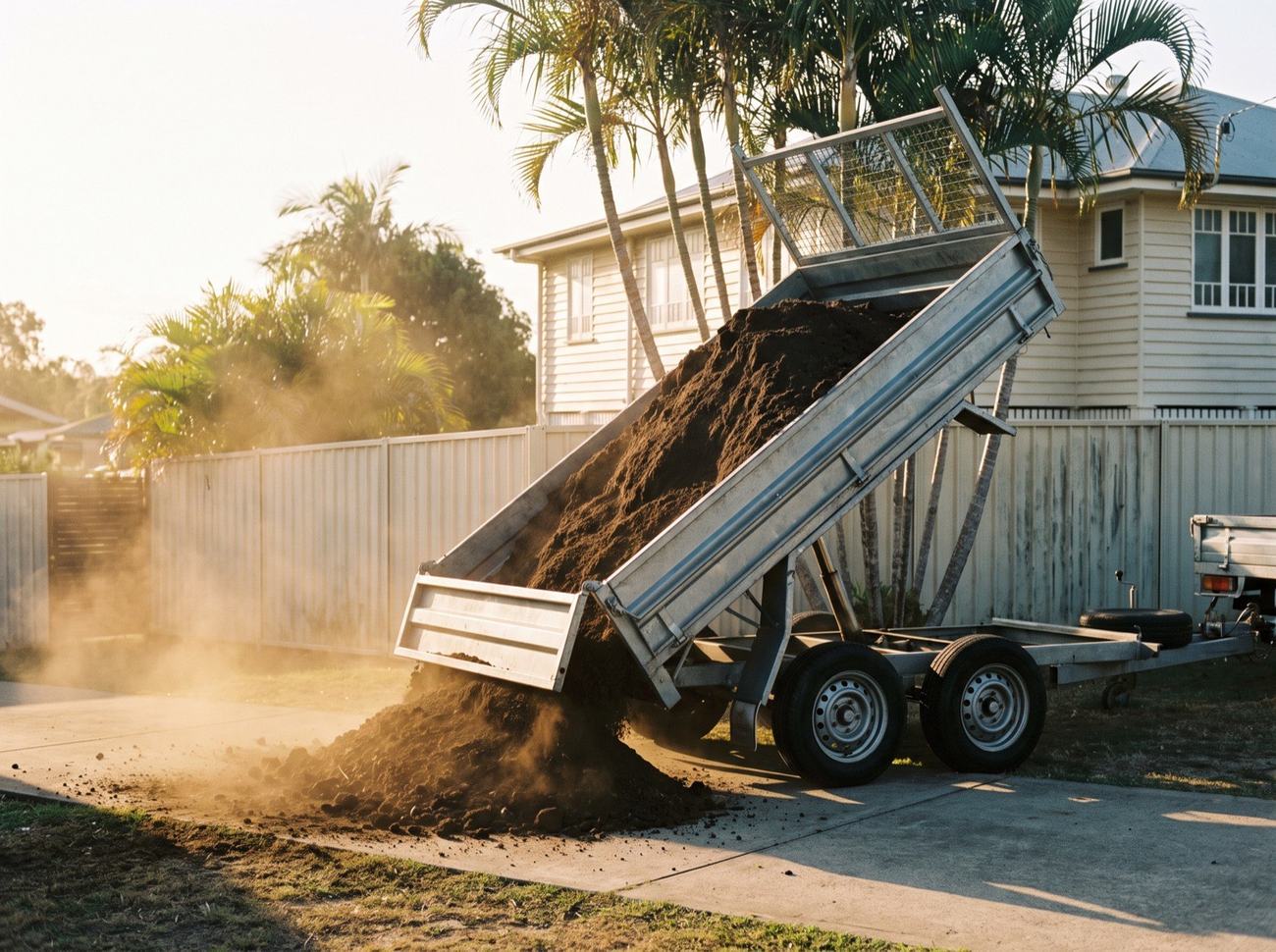 A tipper trailer unloading dark soil onto a driveway at a Queensland home