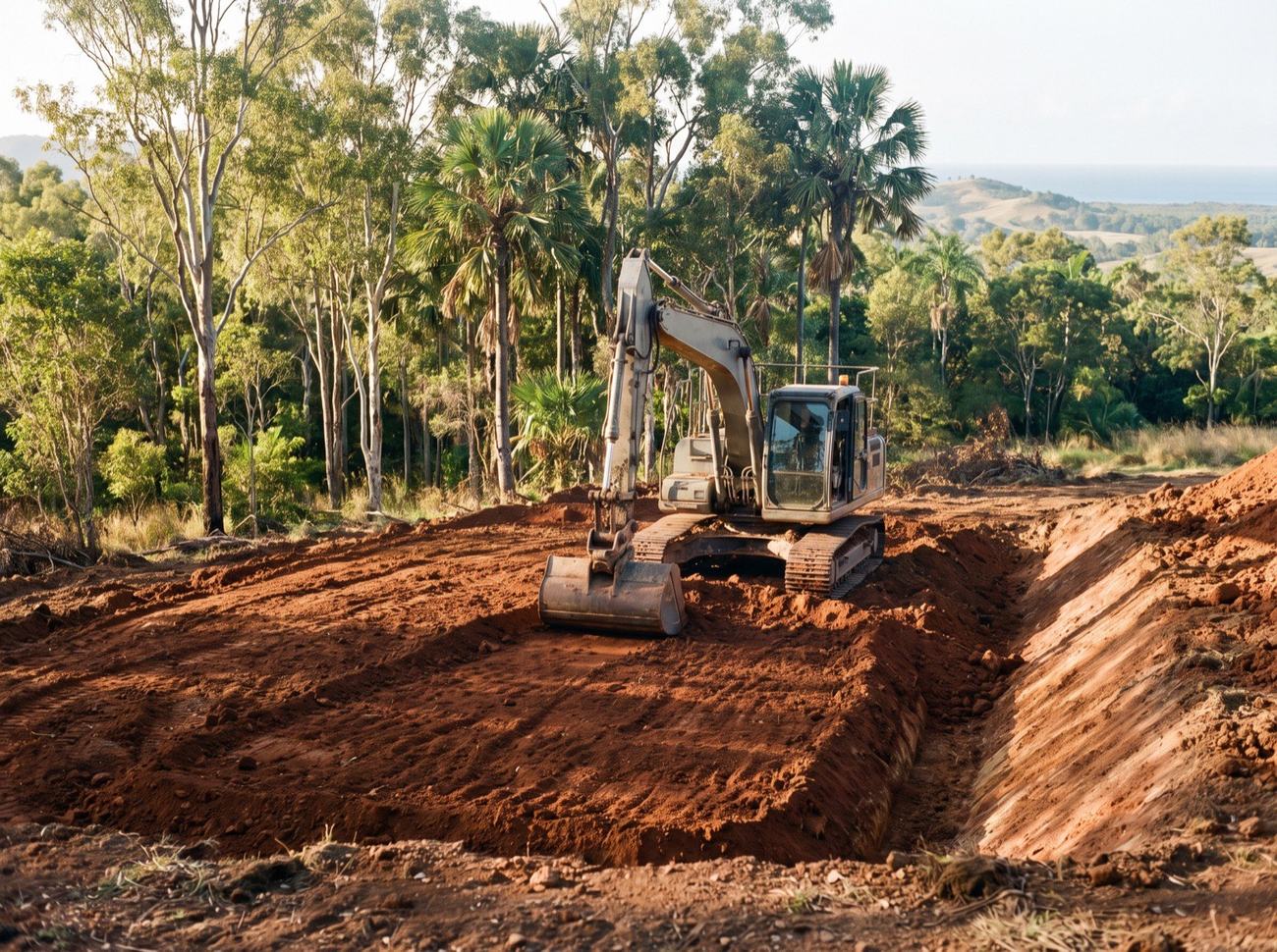 An excavator levelling a building pad in red soil on a rural block