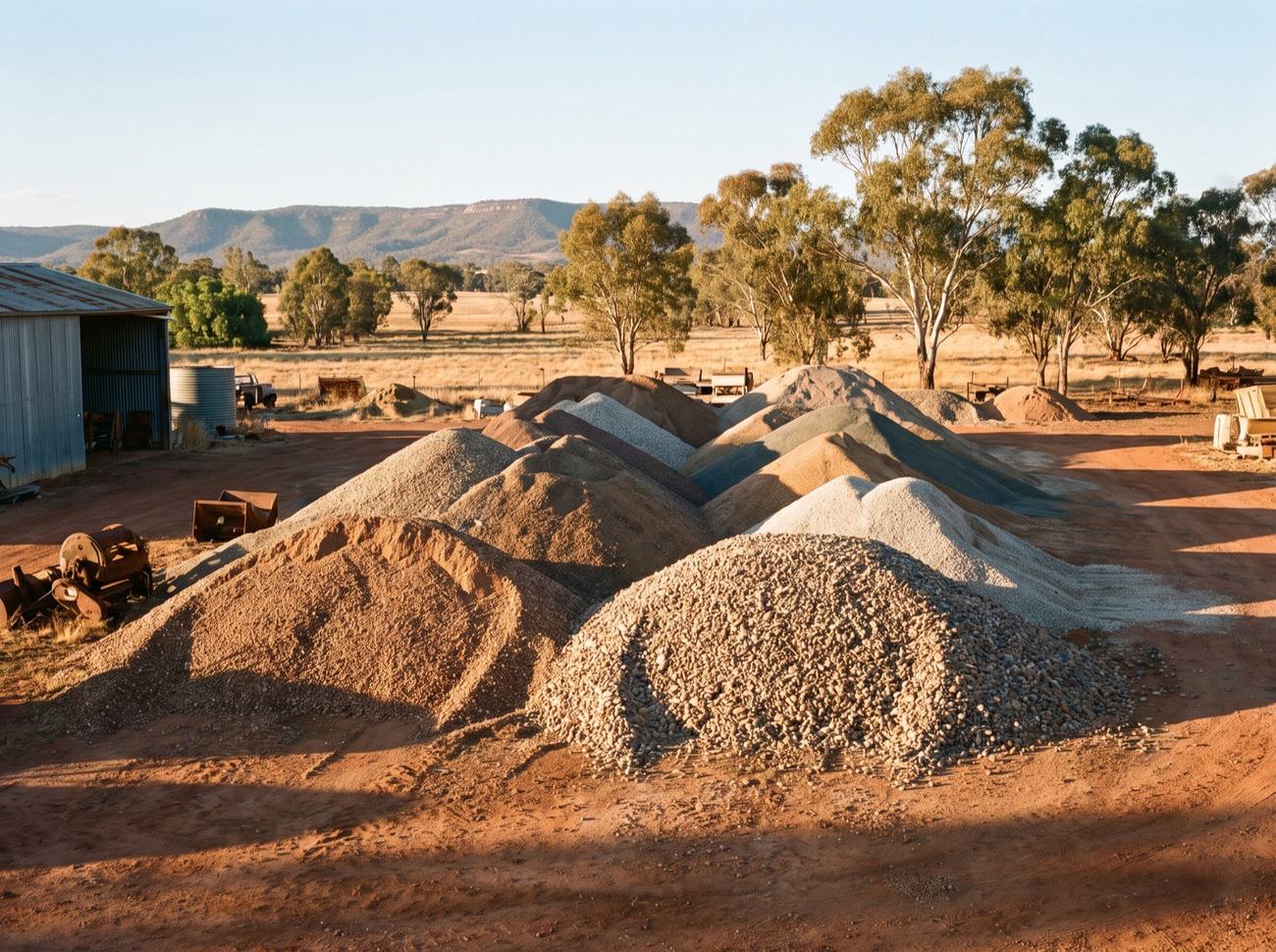 Rows of sand and gravel stockpiles on a dirt hardstand beside a shed