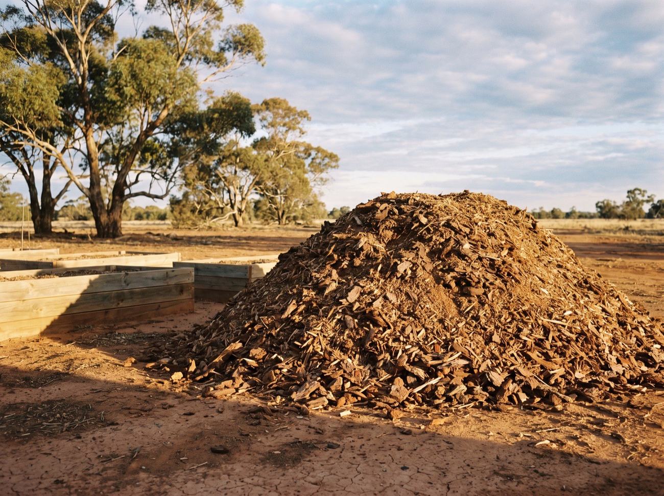 A heap of dark garden soil beside timber garden beds in a rural yard