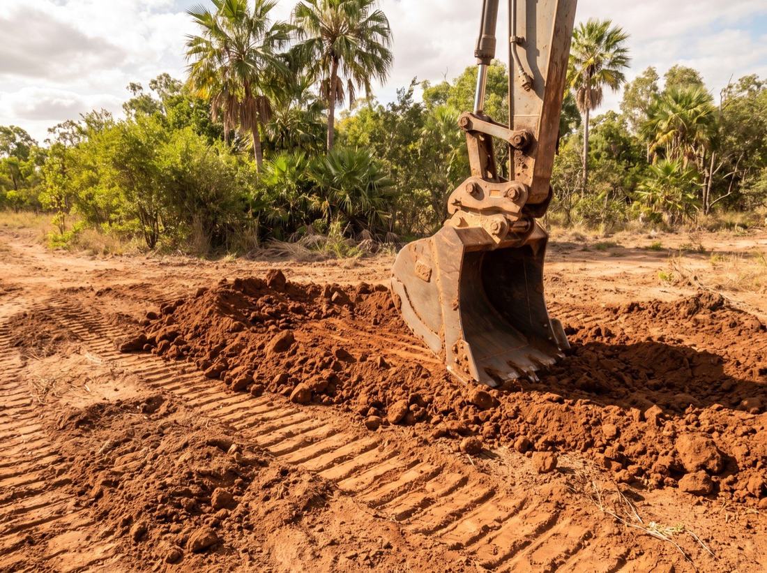 An excavator bucket cutting into red-brown earth on a rural block