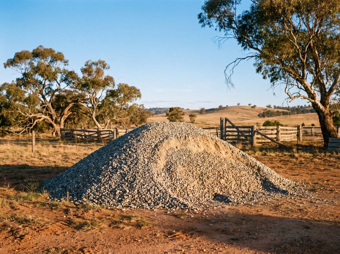 A heap of grey crushed gravel on a dirt hardstand