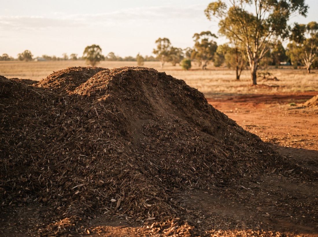 A large heap of dark garden soil in a rural supply yard